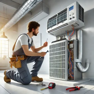 por qué mi aire acondicionado no enfría: técnico especializado arreglando aire acondicionado